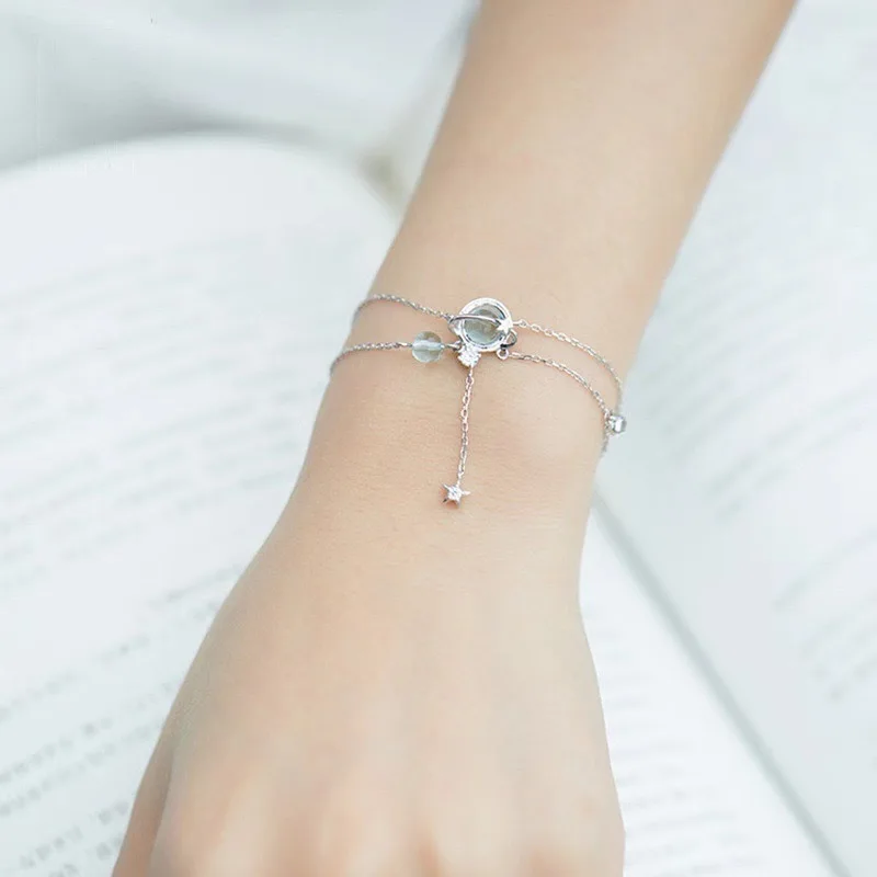 925 Sterling Silber 19 cm Doppelarmband Aquamarin Kristall verkrustetes Armband Eleganter femininer Trendschmuck – Detail 2