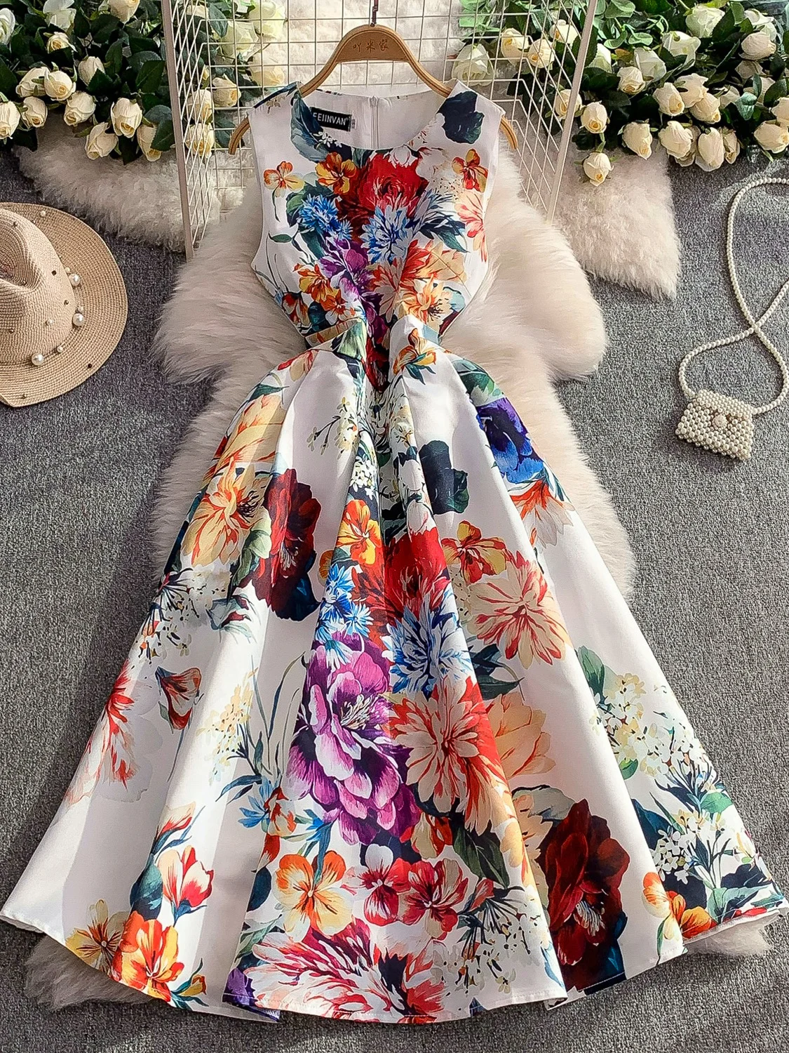 

Exquisite Print women's Sleeveless Puffy Pleated Slim Long Dress Elegant Party Club