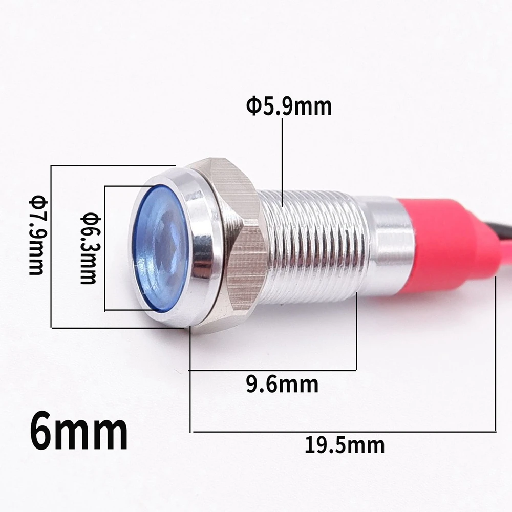 Lâmpada LED com Sinal de Advertência, Luz Indicadora de Metal, Piloto Wires Switch, Vermelho, Laranja, Azul, Verde, Branco, 6mm, 3V, 5V, 12V, 24V,