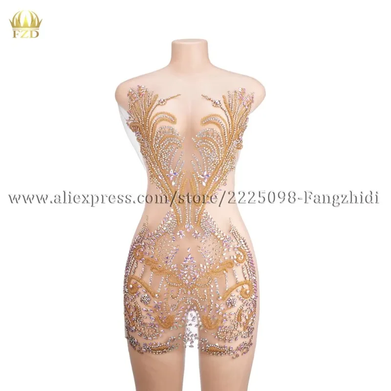 

FZD 1 Piece Silver Crystal Rhinestone & Golden Bead Bodice Patches for Wedding Dresses - Decorative Clothing Accessories