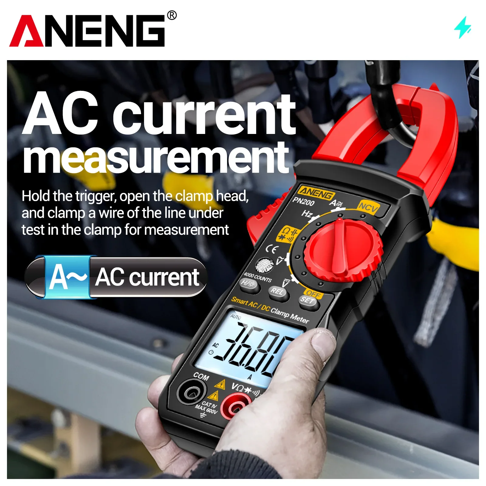 ANENG PN200 Handheld Clamp Meter 4000 Counts NCV AC/DC Voltage Current Resistance Capacitance Diode Buzzer Backlit Screen Tester