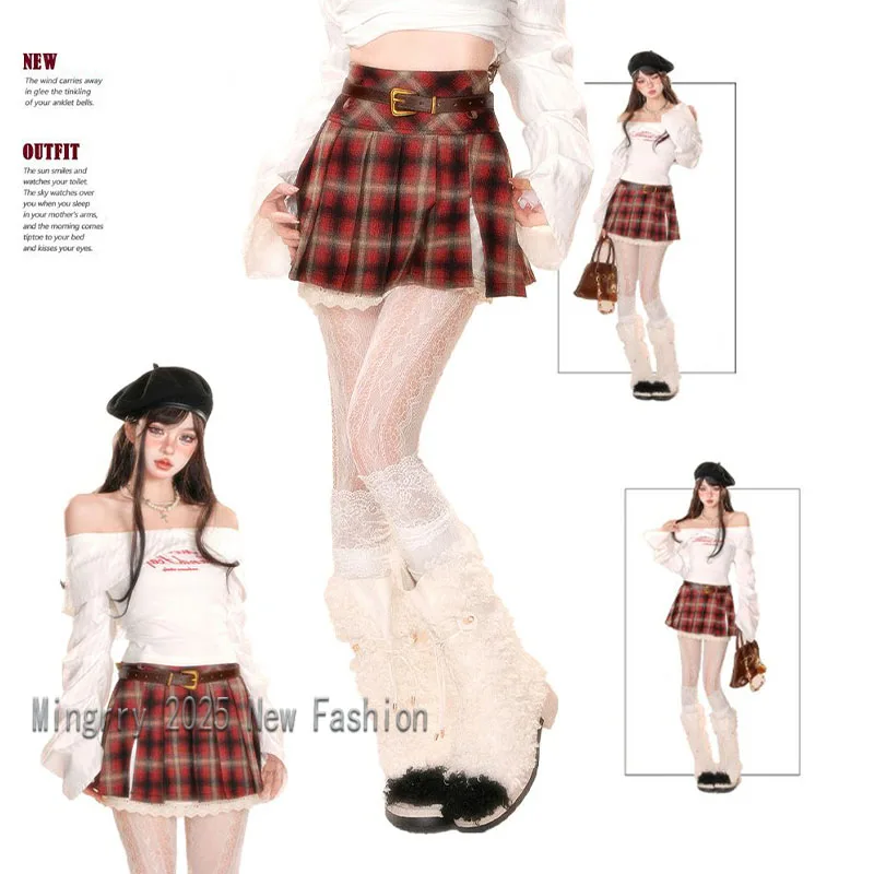 

Women Plaid Pleat Lace Mini Skirt With Belt Harajuku Preppy Style Japanese Y2k Skirts Girls 2025 Spring Autumn Jupe Kawaii Skirt