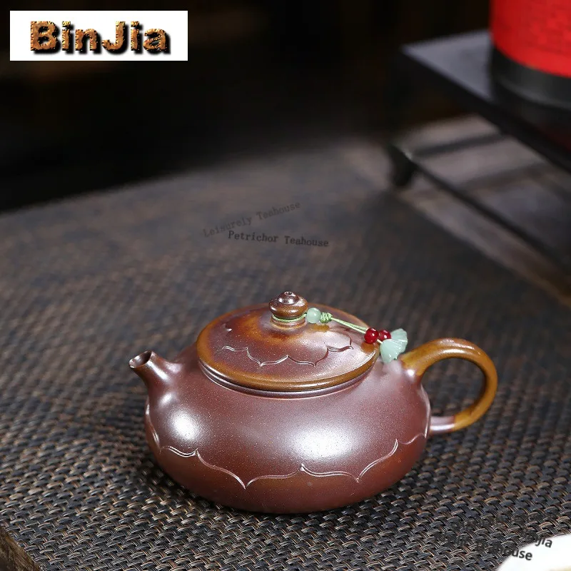 

320ml Aesthetic Yixing Purple Clay Teapots Handmade Lotus Lamp Hanjiang Pot Raw Ore Gold Section Mud Kettle Zisha Tea Set Gift