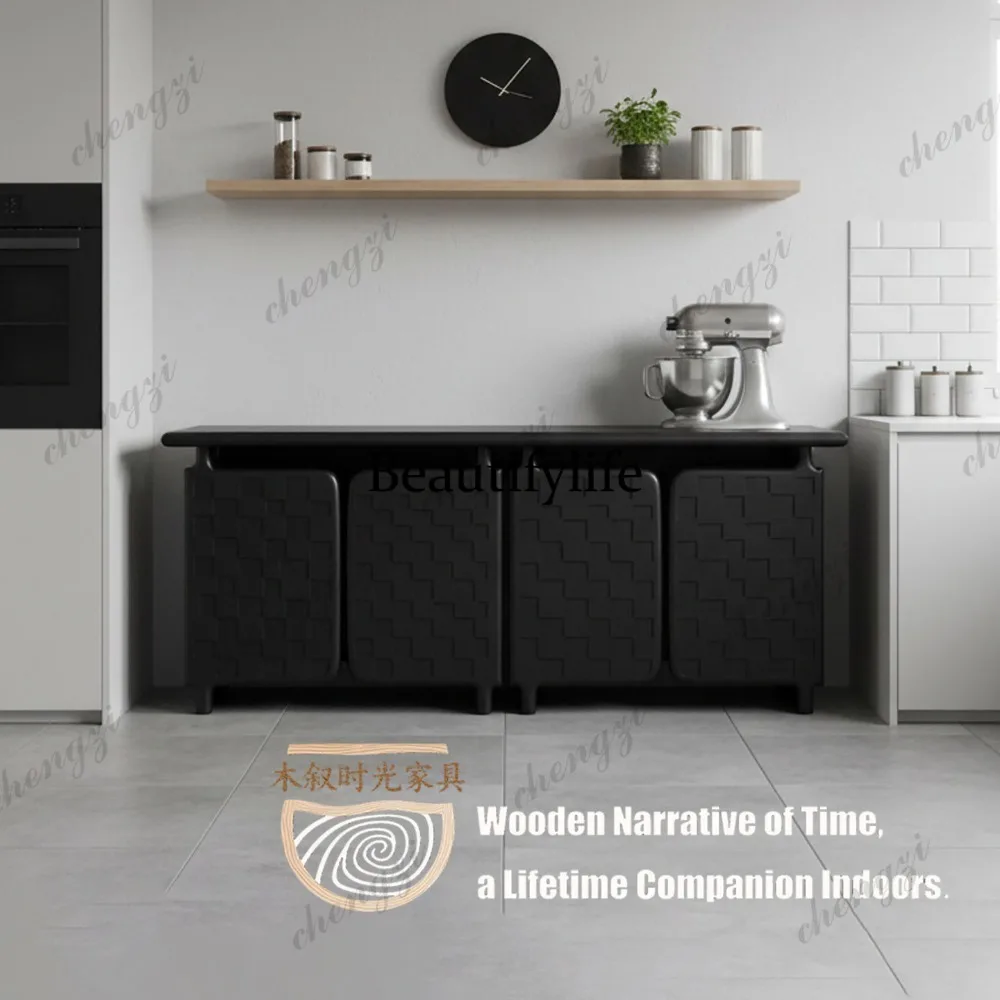 Black solid wood sideboard, woven texture vintage storage cabinet, living room entryway designer sideboard