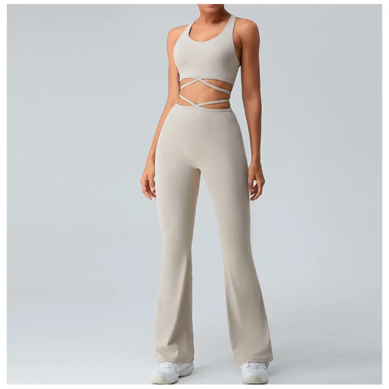 Pantalon croisé à ceinture fine pour femmes, pantalon taille haute légèrement évasé à jambes larges, vêtements de fitness, de course à pied, couleur chair