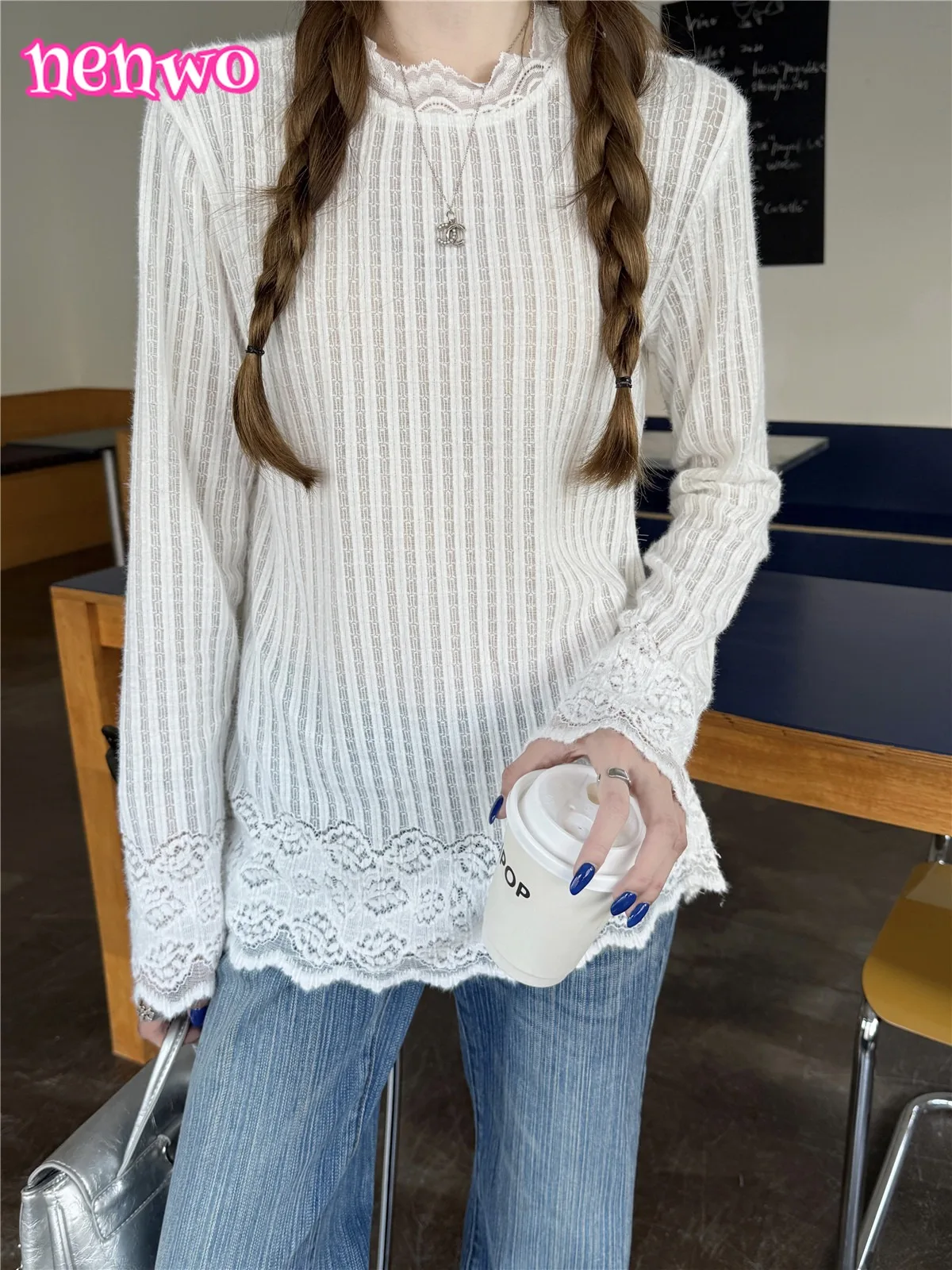 الحلو محبوك الكورية نمط الطبقات محبوك سترة الموضة الملونة الكرة + الدانتيل قاعدة قميص تي شيرت الخريف الشتاء وصول جديد