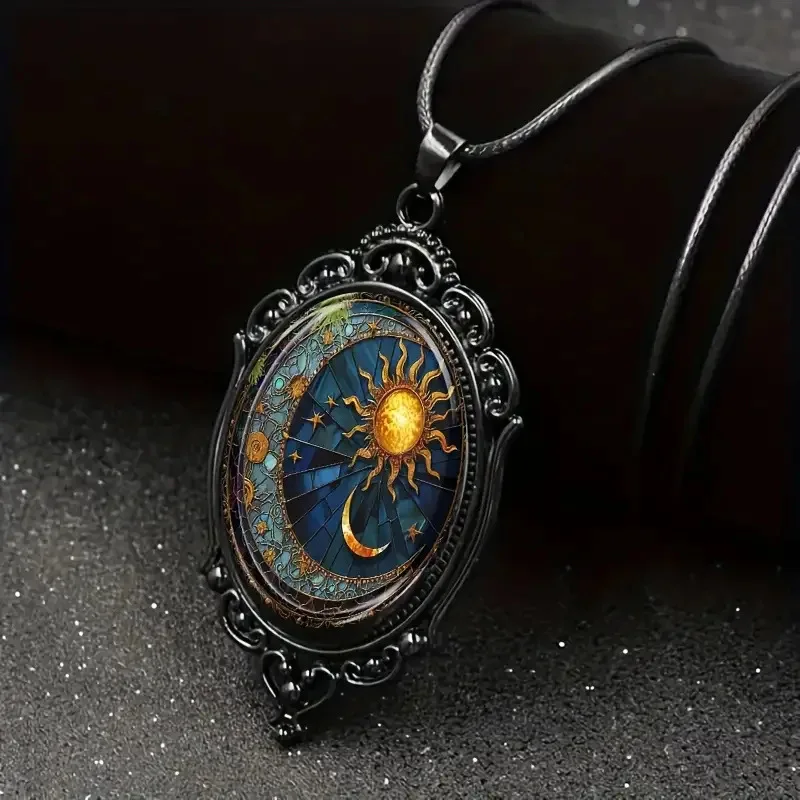 Enchanting Oval Glass Pendant Necklace - Sun and Moon Jewelry in Enchanting Black Frame