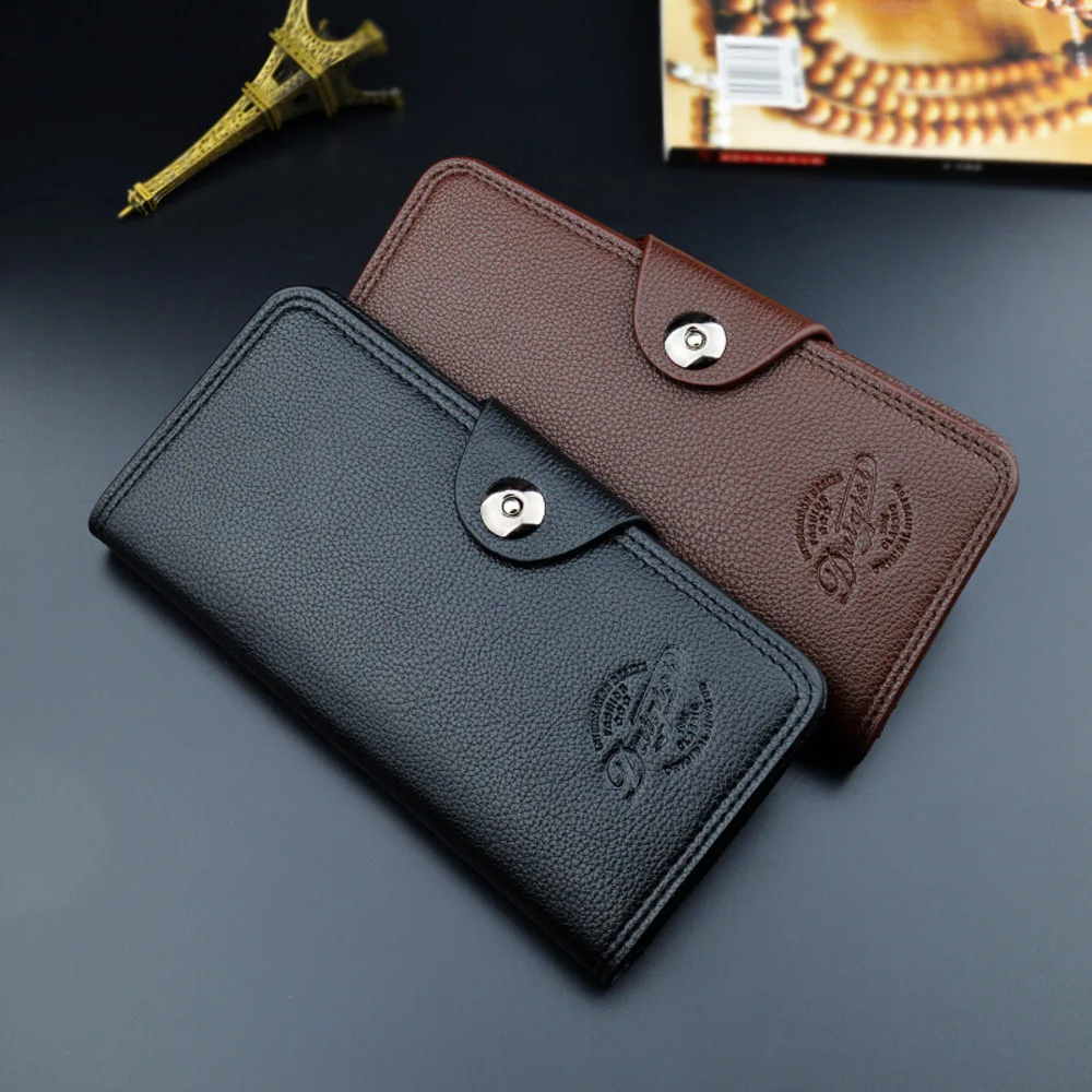 Men's Long Bifold Wallet PU Leather Litchi Grain Embossed Magnetic Snap Large Capacity Card Purse