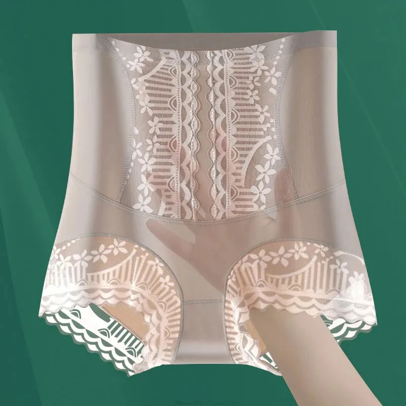 ملابس داخلية دانتيل بدون خياطة للنساء، سراويل داخلية للتخسيس، خصر مرتفع، لباس داخلي من الحرير الجليدي، تحكم في البطن، سراويل داخلية لرفع المؤخرة، أنثى