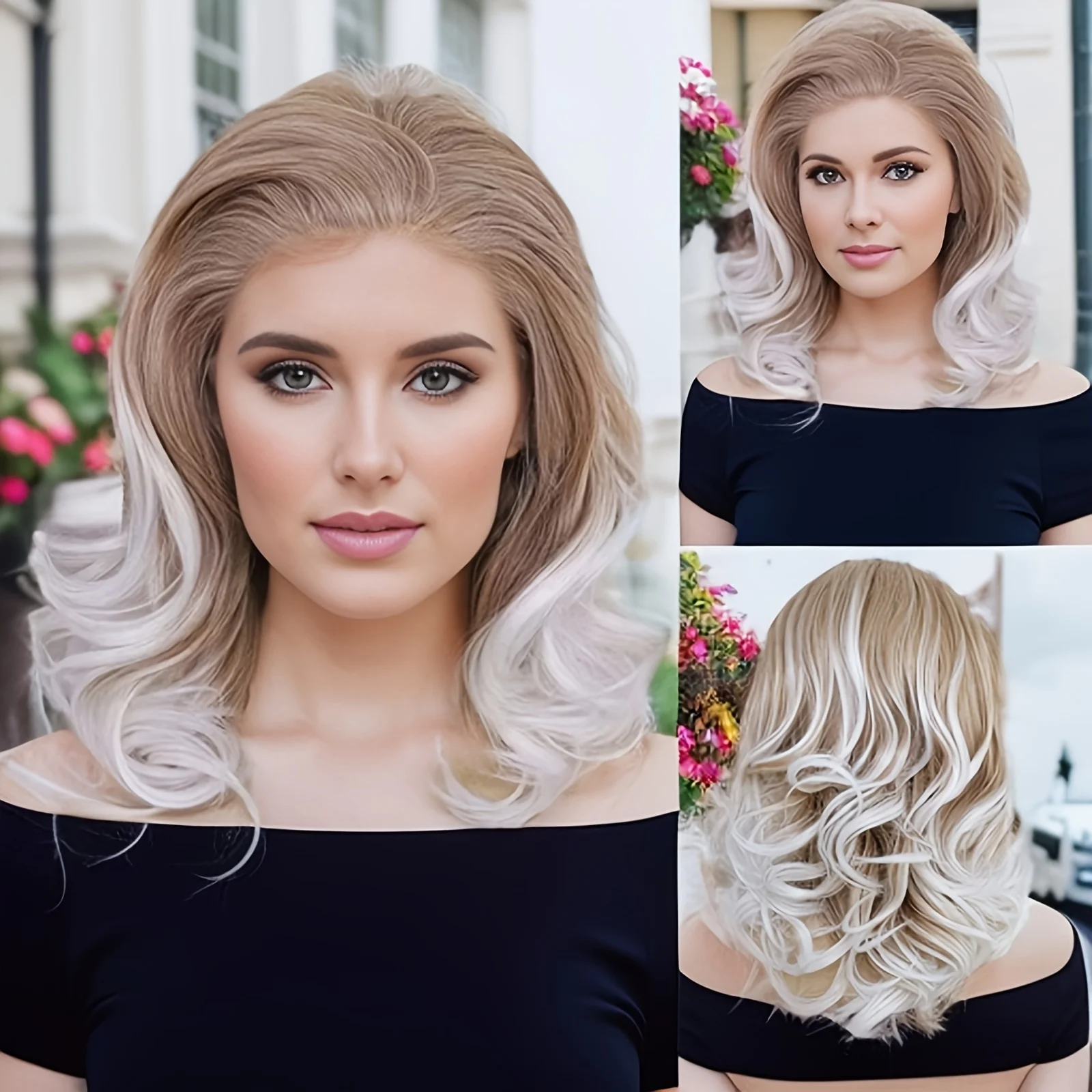 

13*1,5 синтетический парик спереди, 180% высокая плотность, коричневый и белый цвет, средней длины, волнистый парик Боб длиной до плеч