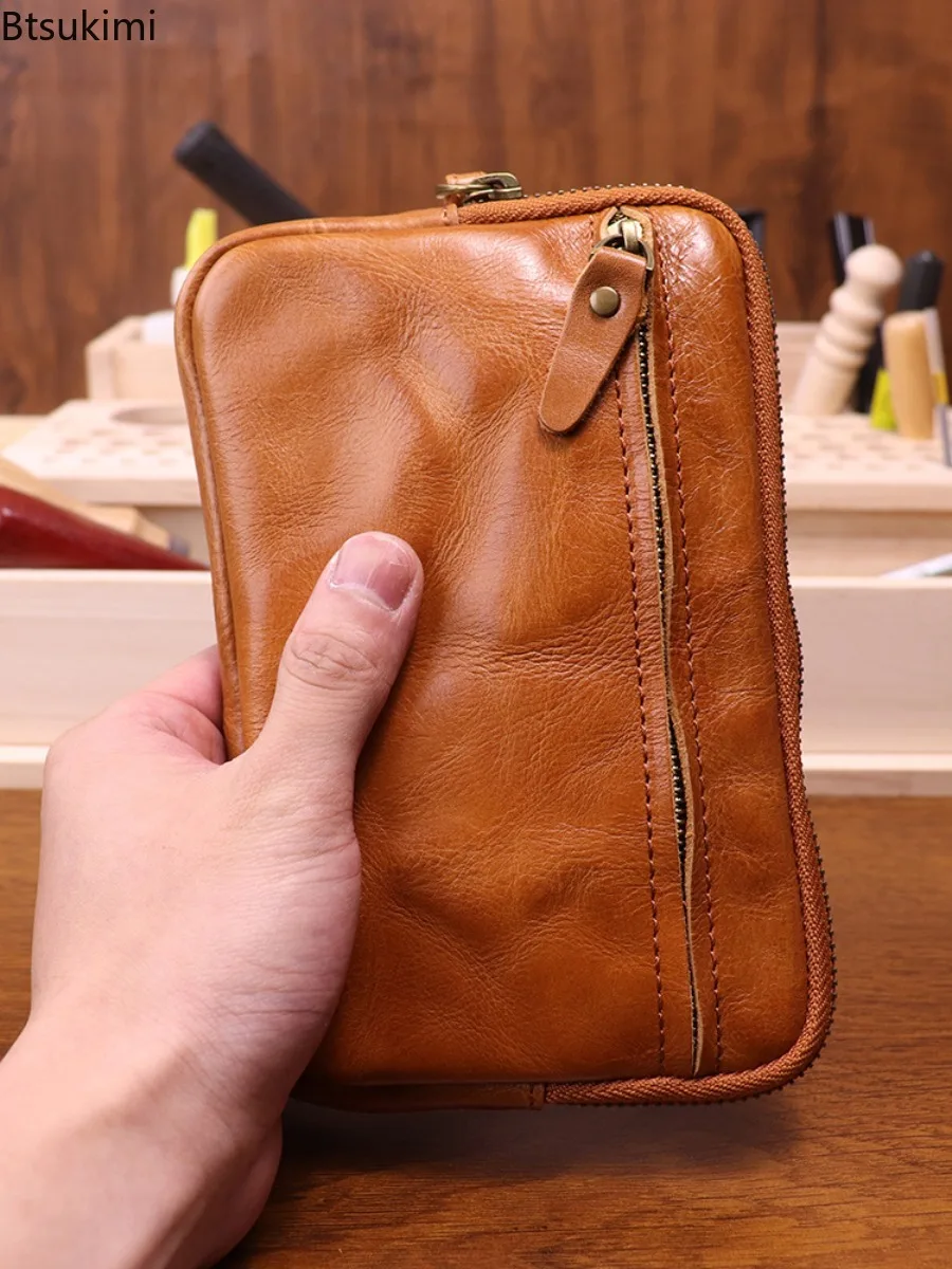 Vegetable Tanned Leather Zipper Purse Cowhide Zero Wallet Large Capacity Card Bag Cow Leather Key Storage Bag Clutch Bags Wallet