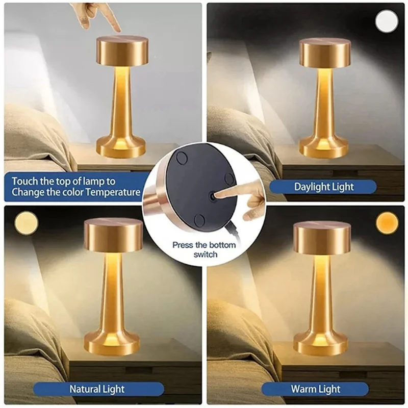 

ALIM-3X Ретро светодиодная перезаряжаемая сенсорная металлическая настольная лампа 3 цвета с регулируемой яркостью окружающее освещение Настольная лампа Бар Декор комнаты Ночник