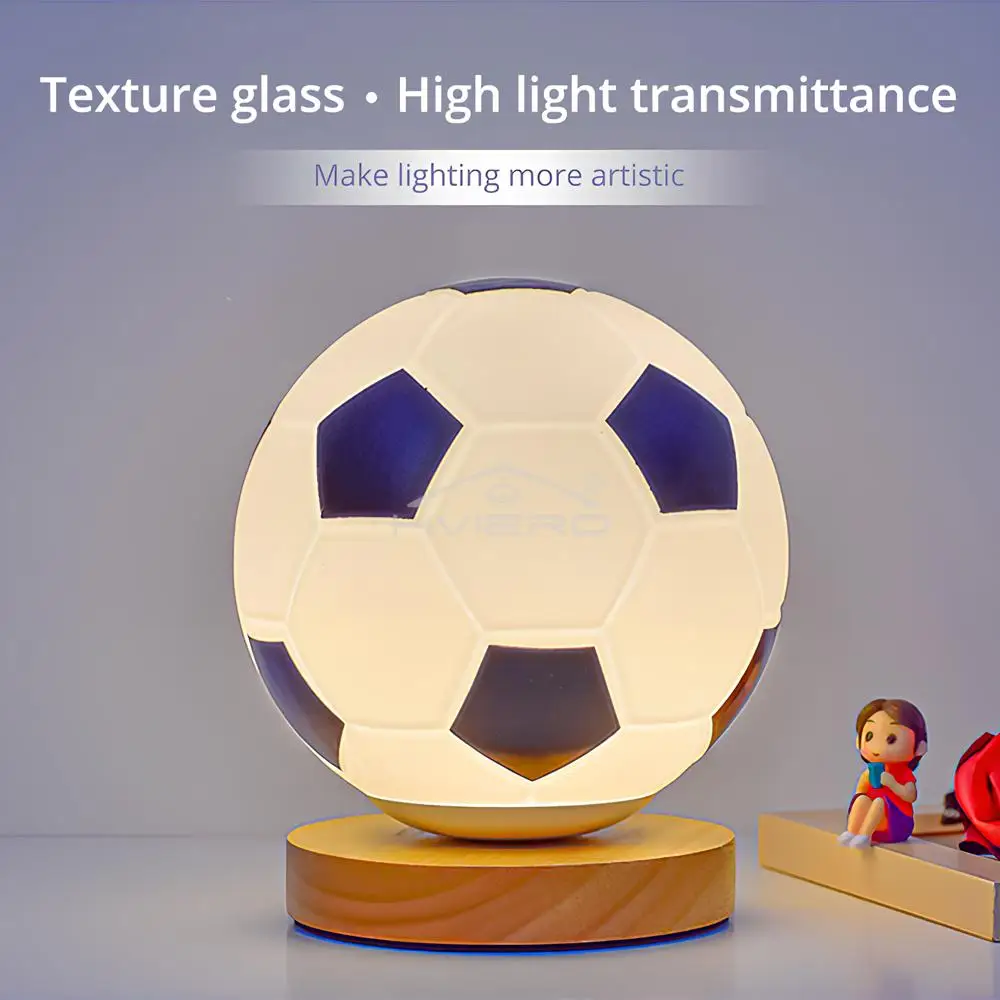 Football Night Light USB Warm White LED Circular Solid Wood Glass Small Table Lamp Bedsid Bedroom Study Decoration Illumination