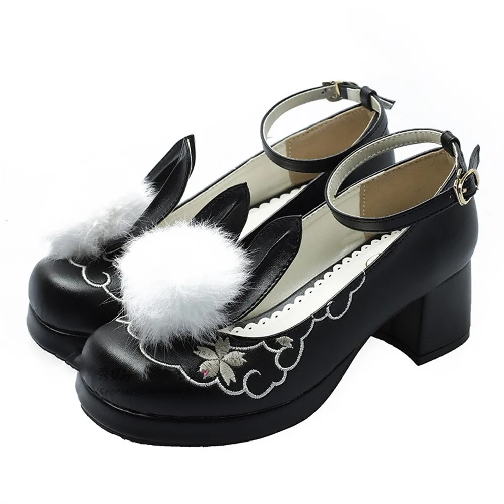 Lolita High Heel Student Shoes Lolita Rabbit Ears Hair Ball Japanese Middle Heel japanese Sweet Lolita Shoes Cos