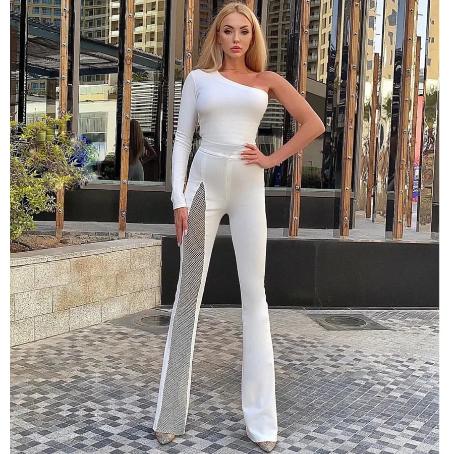 High Quality One-Shoulder Women‘s Jumpsuit High Spandex High Waist Women One-Pieces Cloth Elegant Party Wear With Mesh Rainstone