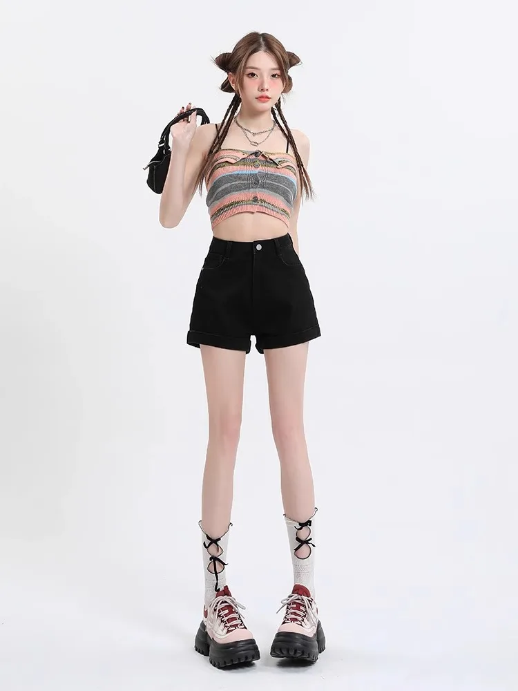 

High Waist Black Skinny Denim Shorts Women's Summer Thin A-Line Slimming Small Size American Hot Girl Tight Butt Shorts
