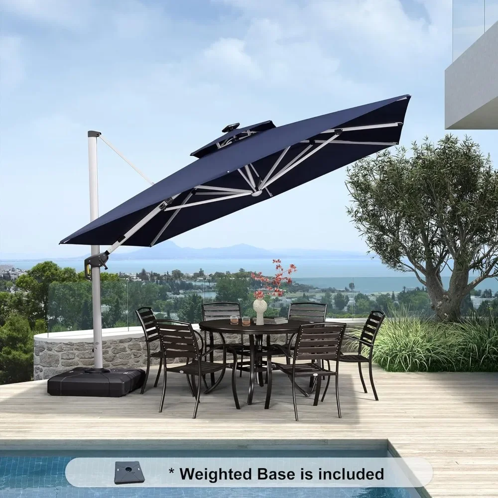 11 Feet Solar Powered LED Square Cantilever Umbrella With Base Patio Umbrellas Windproof Hanging Umbrellas Outdoor Umbrella
