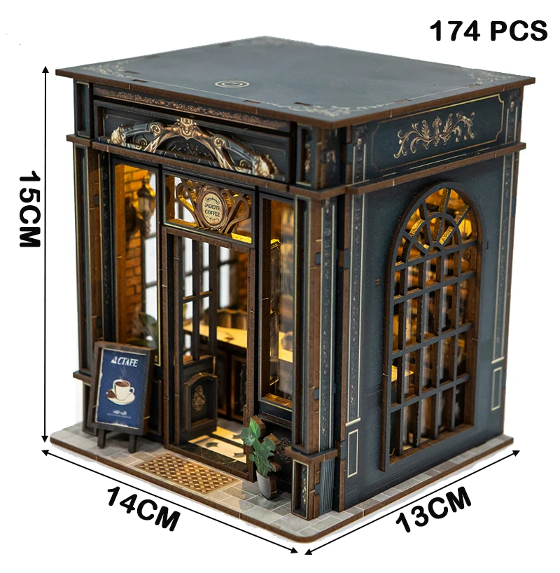Kits de modelos en miniatura de cafetería de cristal verde de madera DIY con luces LED casa de muñecas con muebles para amigos regalos de cumpleaños