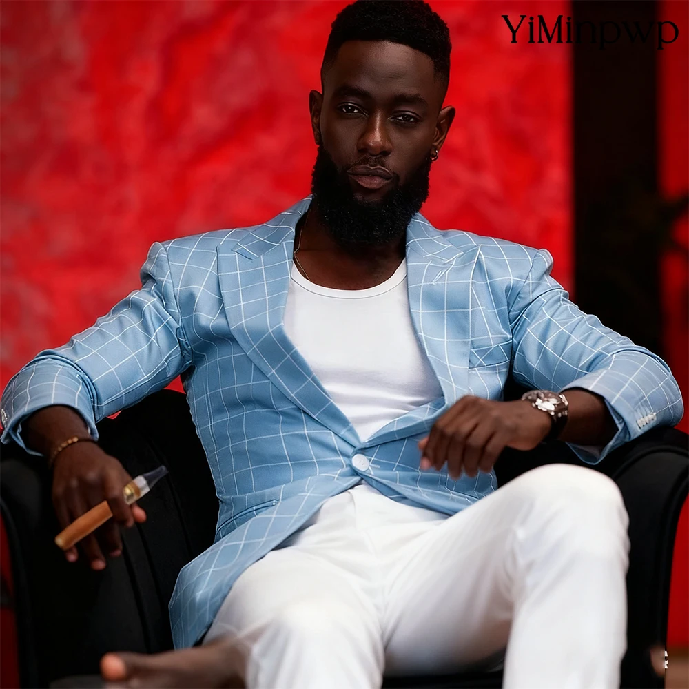 

YiMinpwp Men's Sky Blue Plaid Casual Business Linen Slim Fit 3-Piece Suit Formal Wedding Party Groom Suit Man Clothing XS-5XL