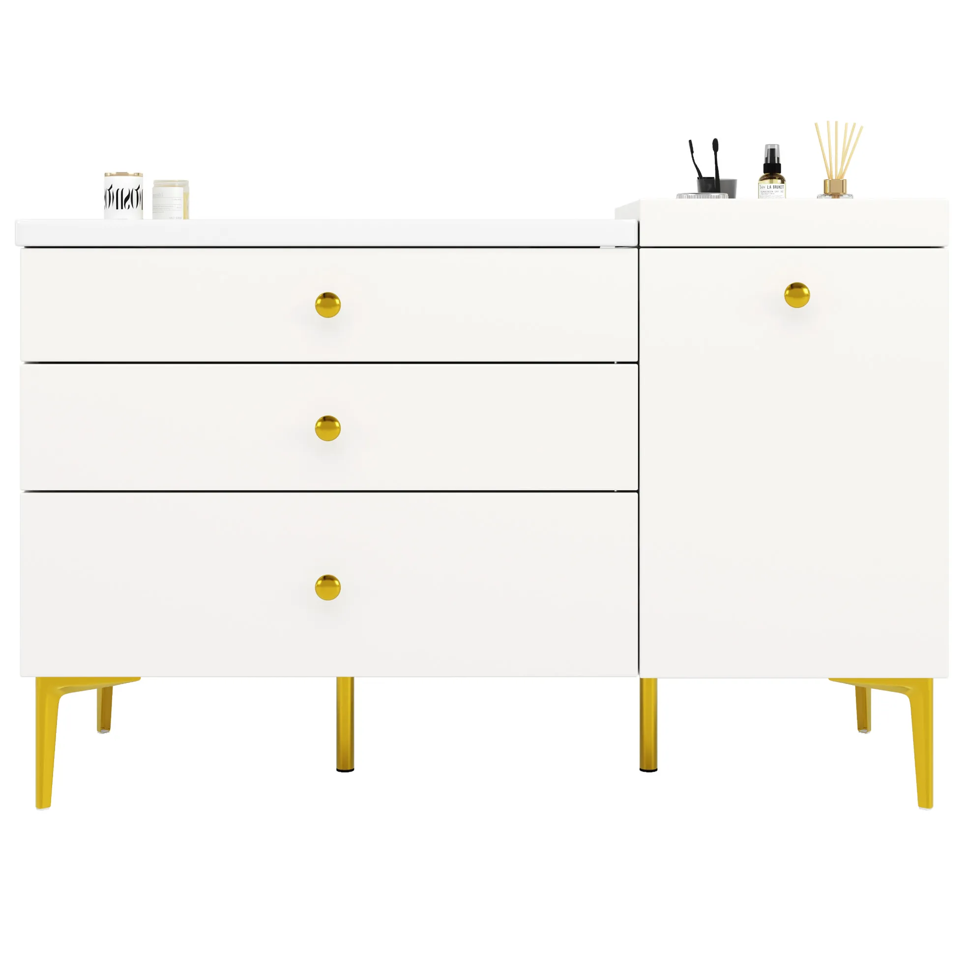 Witte badkamermeubel met gouden handgrepen, keramische wastafel en ruime opbergruimte 120x47,5x80 cm