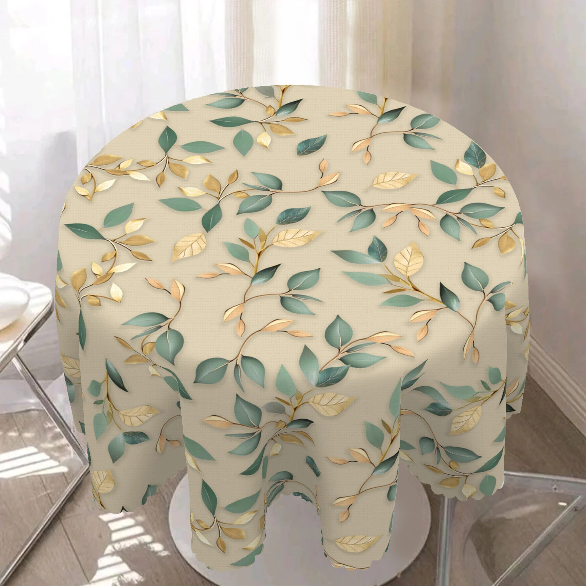 Sage green eucalyptus flower tablecloth, with a retro spring/summer leaf design.