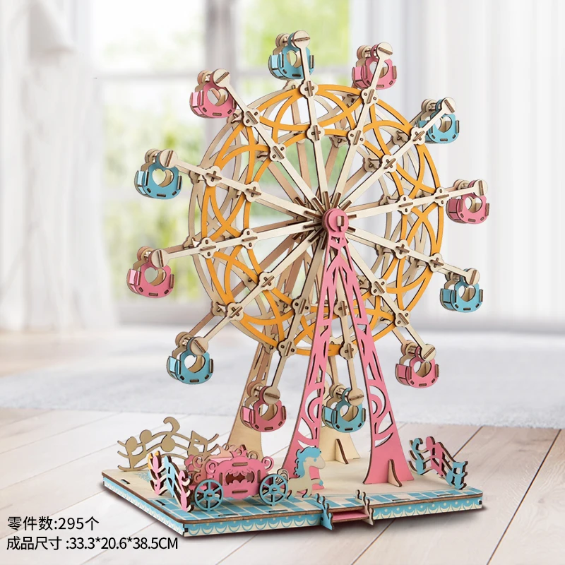 DIY Model toys 3D Wooden Puzzle-Rotating happy Ferris wheel Wooden Kits Puzzle Game Assembling Toys Gift for Kids Adult P38