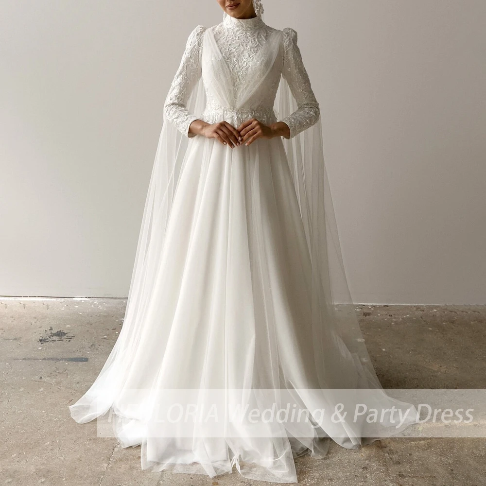 elegant heavy lace beading Muslim Wedding Dress long sleeve high neck bride dress plus size bride Wedding Gown