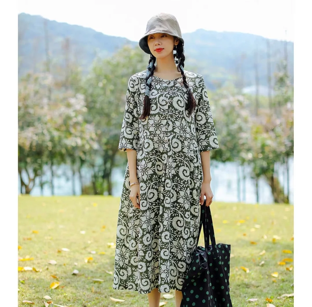 National style Women's dress Vintage cotton linen O-Neck three quarter Long dress fashion green Pullover summer dresses