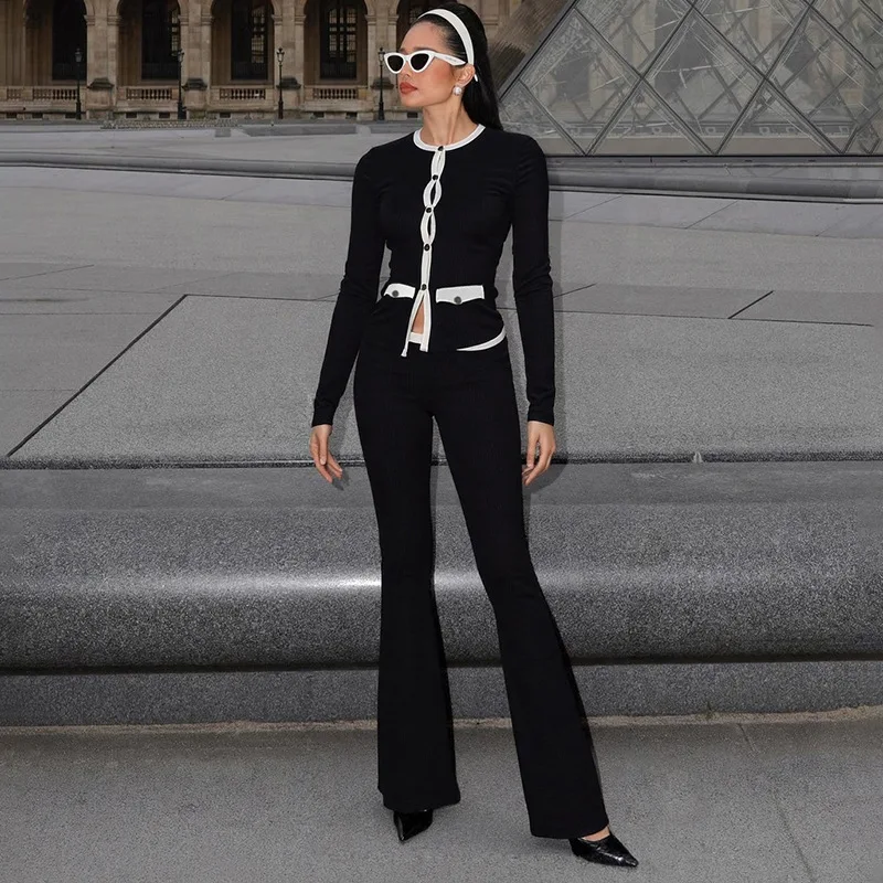 

Color Patchwork Ribbed 2 Piece Set 2025 Autumn Women Fashion Long Sleeve Single Breasted Cardigan Tops + Straight Pants Suits