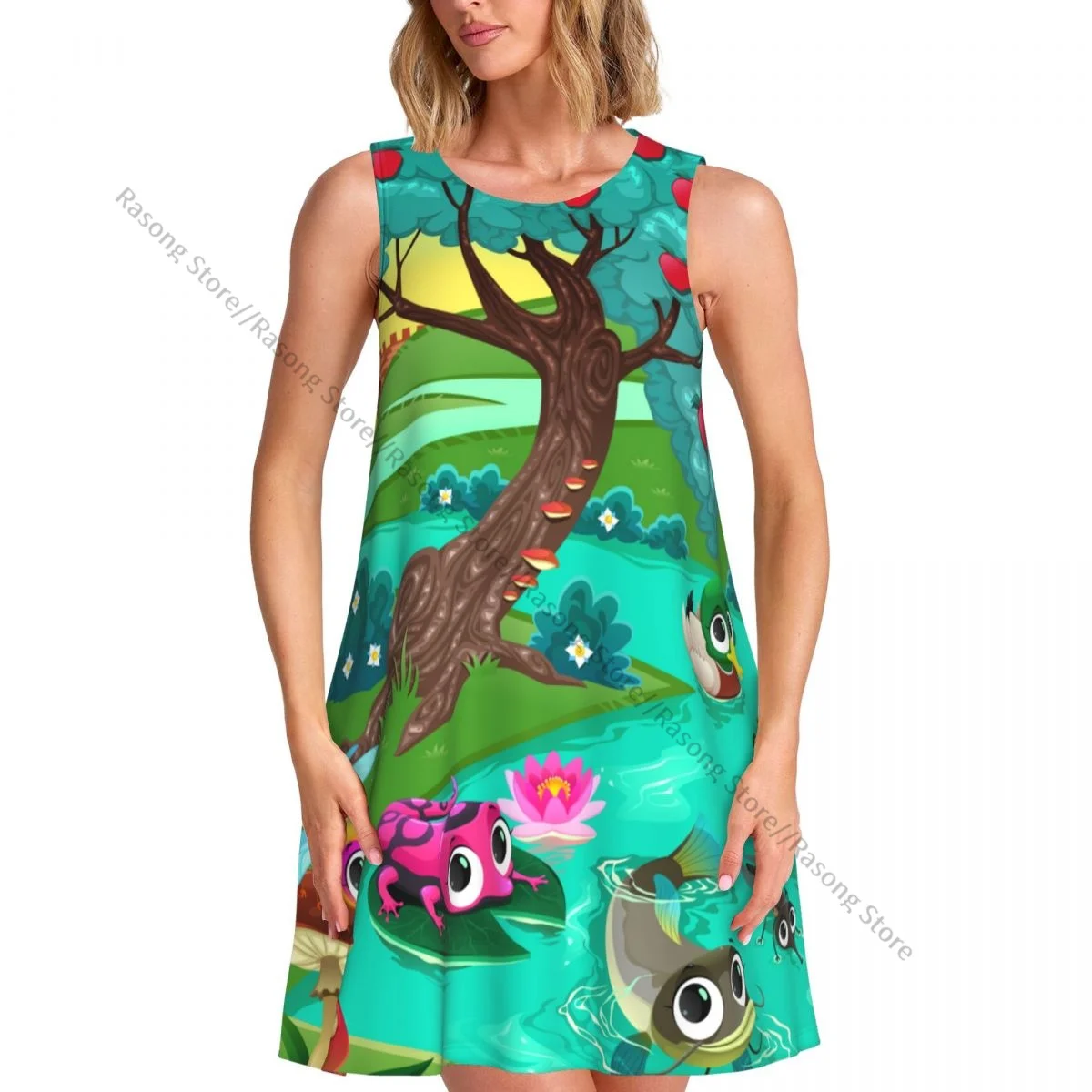 O Neck Sleeveless Above Dress Cute Animals River Women Casual Knee Women's Dress Maxi Dresses