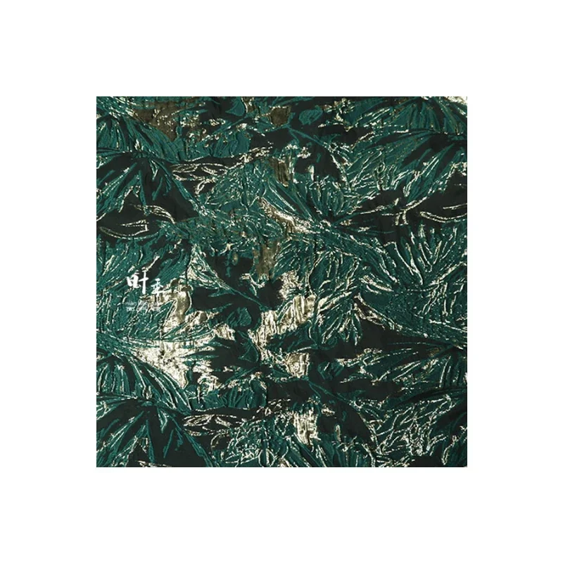 Bright Metal Wire Jacquard Fabric Green Leaf Texture Black Gauze Base Summer Dress Fashion Creative Designer Wholesale Cloth