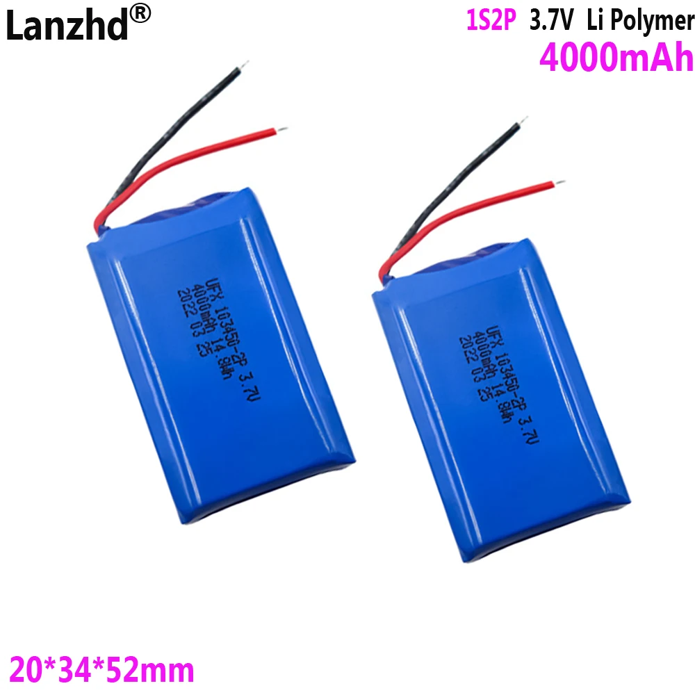 3.7V Polymer battery pack 1S2P 103450 4000mAh For Lamp hand warmer smart wearable Bluetooth audio recorder battery