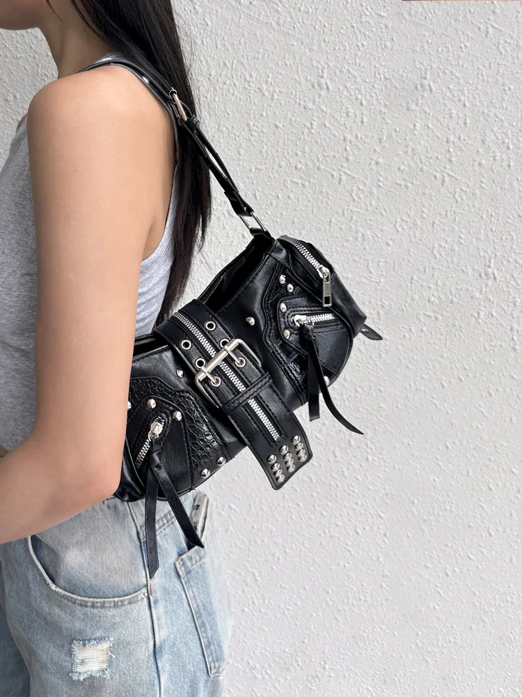 Women's Vintage Biker Punk Rivet Belt Bag Multiple Pockets Y2K Luxury Designer Shoulder Bag Black Pu Leather HandBag