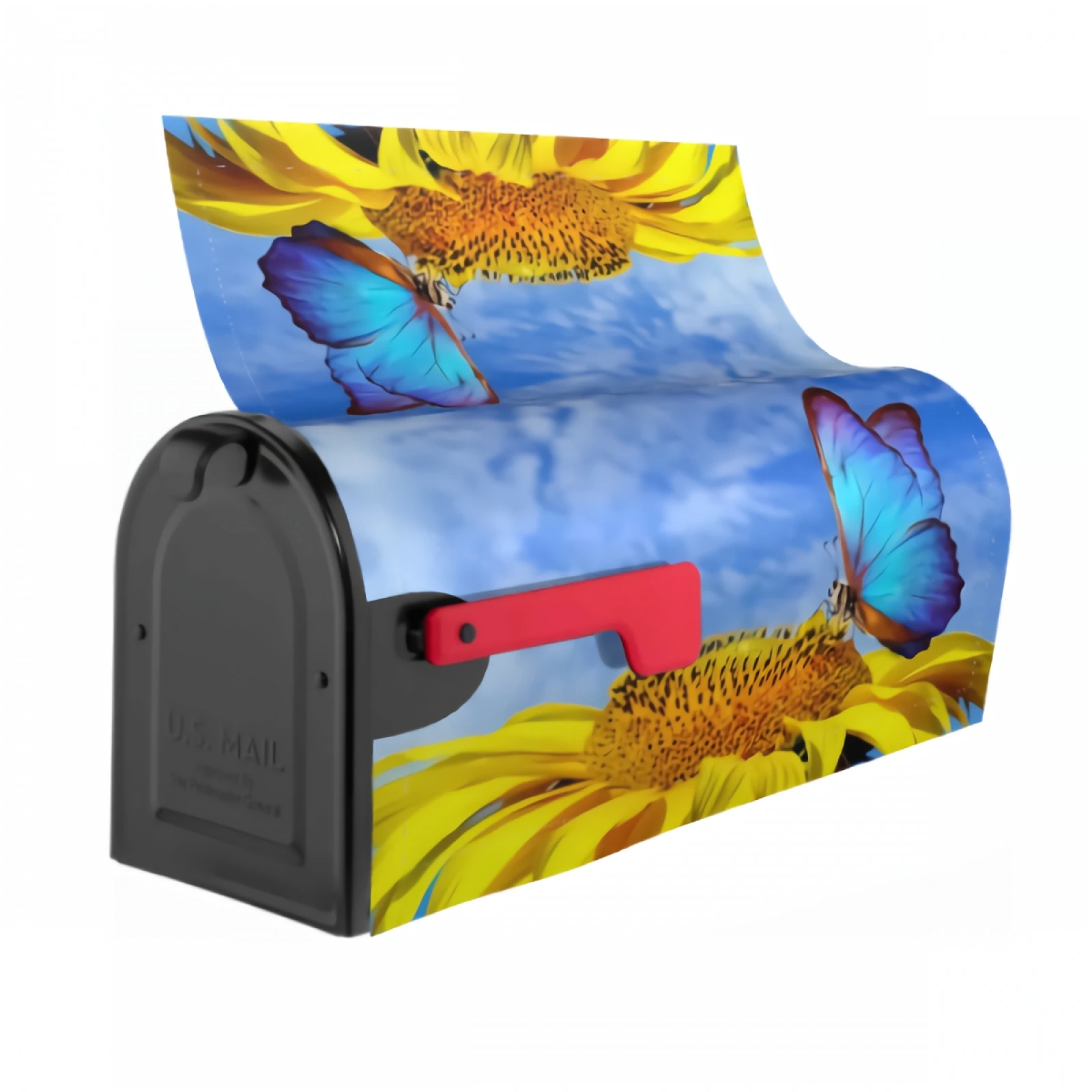 Bright Blue Butterfly Magnetic Mailbox Cover Beautiful Sunflower Waterproof Mailbox Wraps Post Letter Box Decor 21x18 Inch