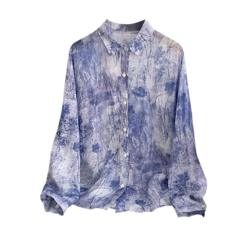Lichtgewicht herfst nieuwe Sle paarse print irt dames casual losse pasvorm lange Sve veelzijdige top faionable artistieke blouse