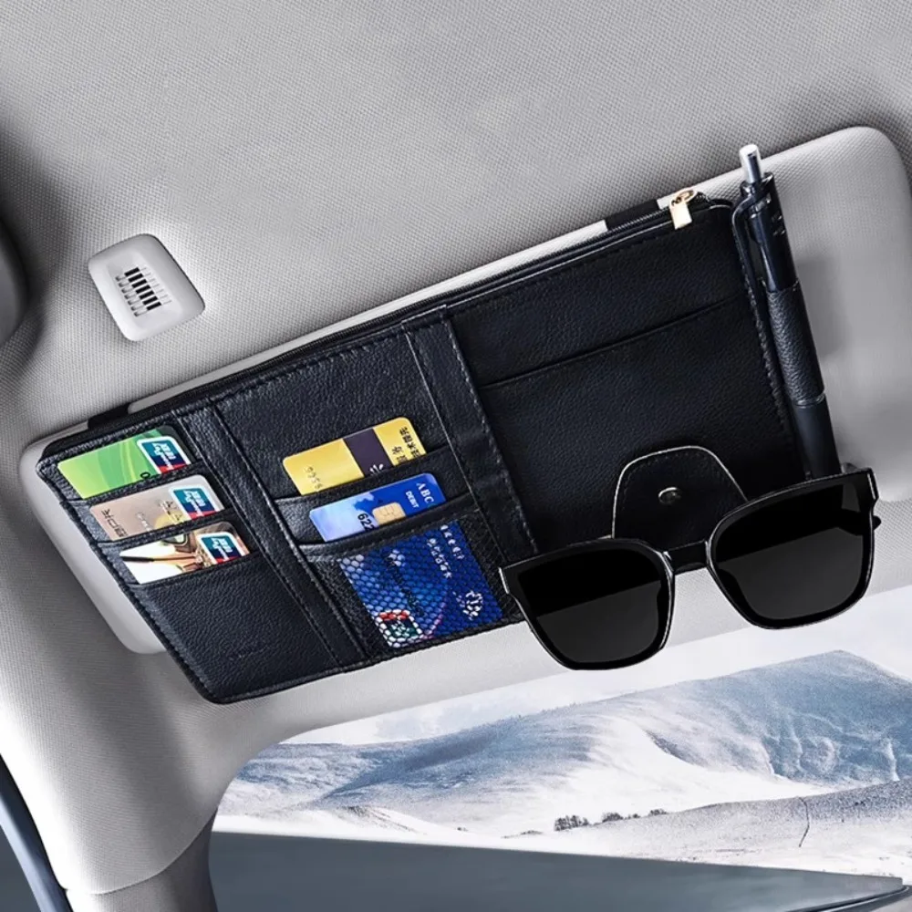 New Zipper Type Auto Sun Visor with Card Holder Storage Leather Car Styling Visor Multifunctional Sunshade Cover