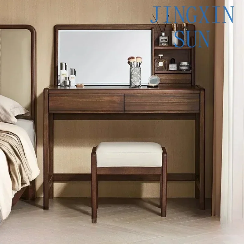 Locker Integrated Dresser Bedroom Household Solid Wood Makeup Table Vanity Desk With Light Mirror With Seat Chest Of Drawers