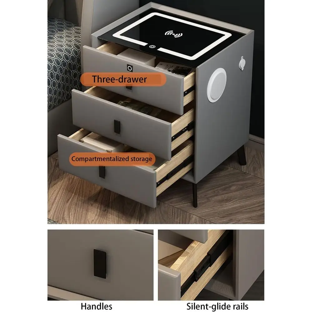 طاولة سرير ذكية مدمجة بإضاءة LED مع شحن، درجين، USB ومكبر صوت، رمادي/وردي/برتقالي/أبيض، 45x40x60 سم