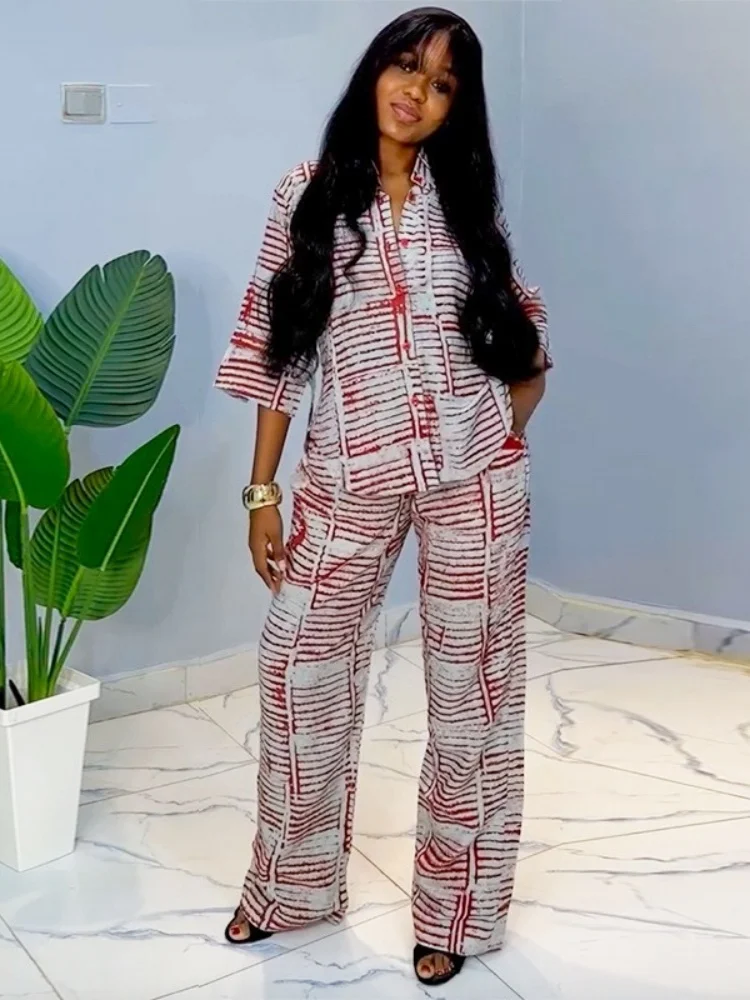 

Wmstar Two Piece Set Women Wholesle Stock Clothing 2025 Summer New Printed Three Quarter Sleeve Shirt Loose Top Long Pants