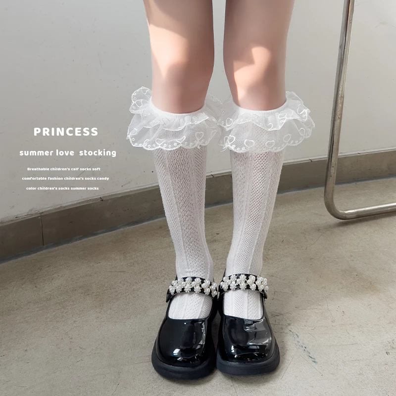 Girls Baby Double Layer Lace Student Lolita Stockings Princess Kids Heart Embroidered Over The Knee High Socks Long Kawaii Socks