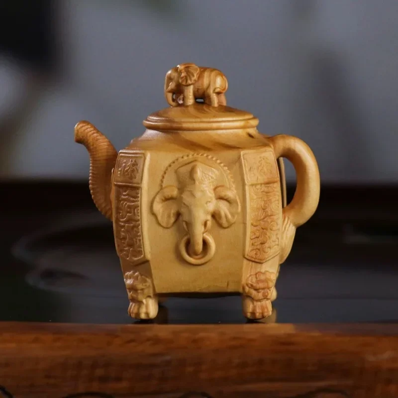 Small Leaf Boxwood Elephant Pot Decoration Whole Wood Integrated Carved Teapot Elephant Pot Desktop Tea Ornaments Chinese Style