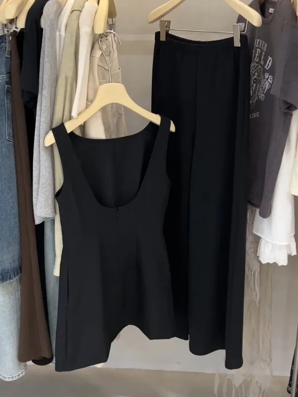 

Black Slimming Crop Top And Wide Leg Pants Set Women's Summer Fashion Two Piece Set Chic Money Baggy Style Breathable High Waist