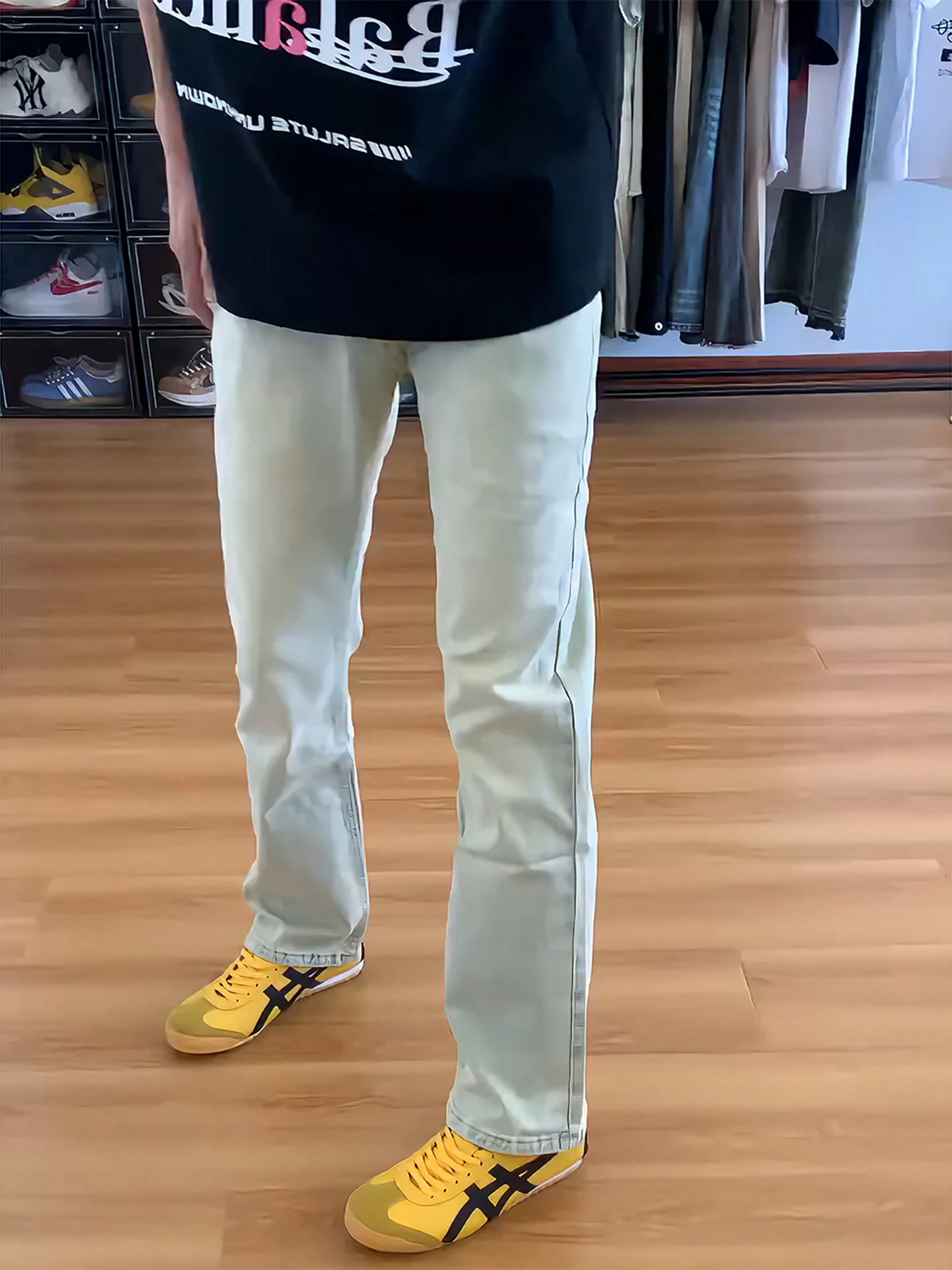 

Light Blue Straight Leg Men's Jeans Cleanfit High Waist American Retro Micro Flared Long Trousers Casual Youth Denim Jeans