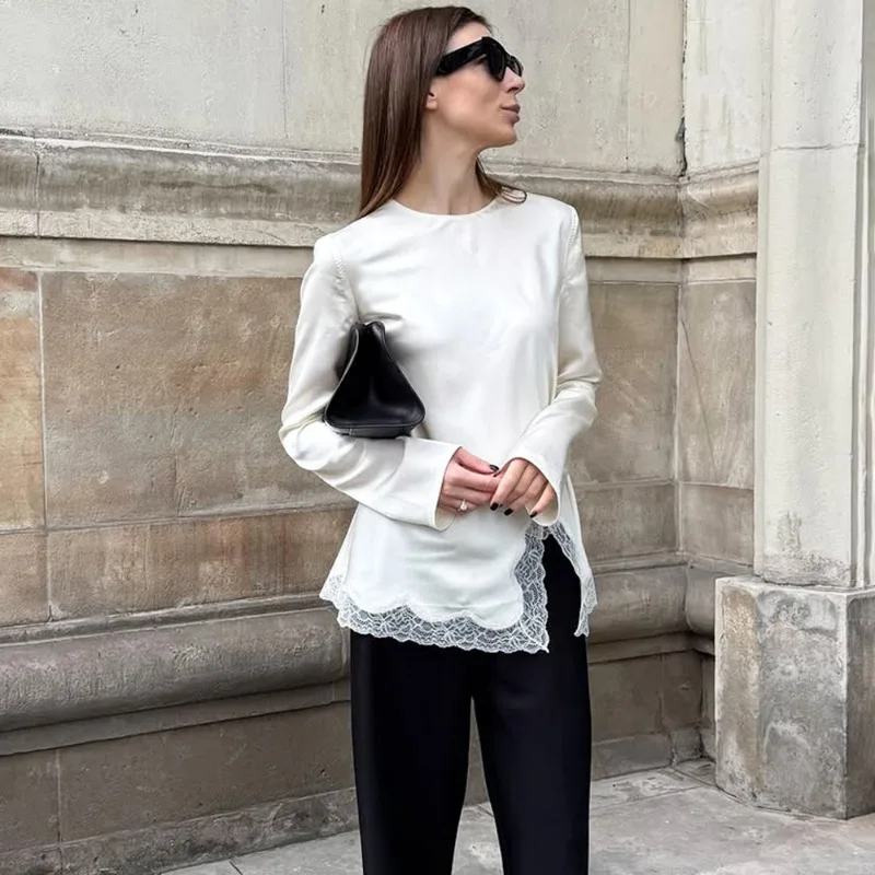 

Tuularose White Lace T-Shirt Fashion Solid Lace Openwork T-Shirts Patchwork Pullover New Spring Casual Streetwear Chic Women Top