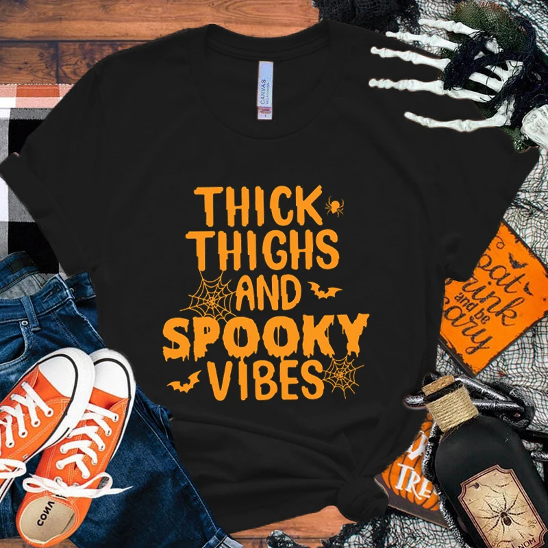 New Hot Halloween Thick Thighs And Spooky Vibes T-Shirts Fashion Women Girls Summer Tee Shirt Unisex Casual Short Sleeve Round N