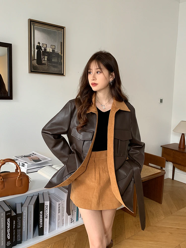DANCC Brown Cotton Lined Thiened PU Leather Jaet Women's Autumn Winter Mid-Length oulder Appropriate Outerwear