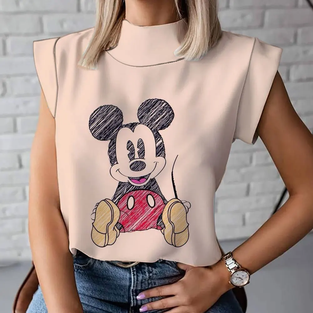 T-shirt de manga curta com mickey e minnie dos desenhos animados para as mulheres, roupas confortáveis e elegantes, verão, novo