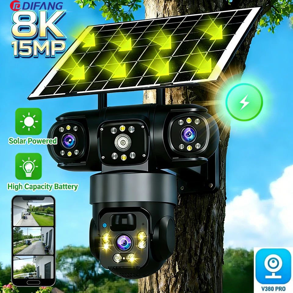 Solar WiFi Security Camera, V380 Pro Triple Screen PTZ CCTV, AI