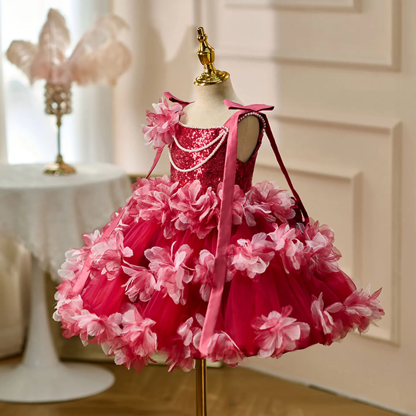 فستان Jill Wish J428 باللون العنابي لفتاة الزهور بدون أكمام بطول الركبة للأميرة للأطفال لحفلات الزفاف وأعياد الميلاد وحفلات رسمية