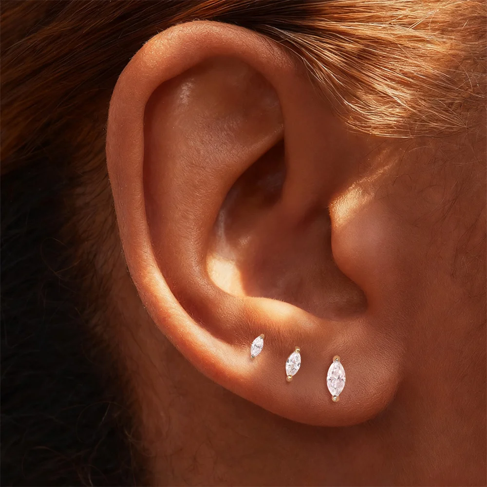Aide S925 Sterling Silver Marquise CZ Stud Earrings Set 3Pcs Cartilage Piercing Earrings for Women Minimalist Ear Stacking